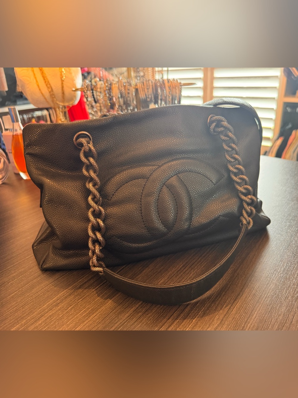CHANEL Black Quilted Caviar Leather Shoulder Bag with Chain Strap